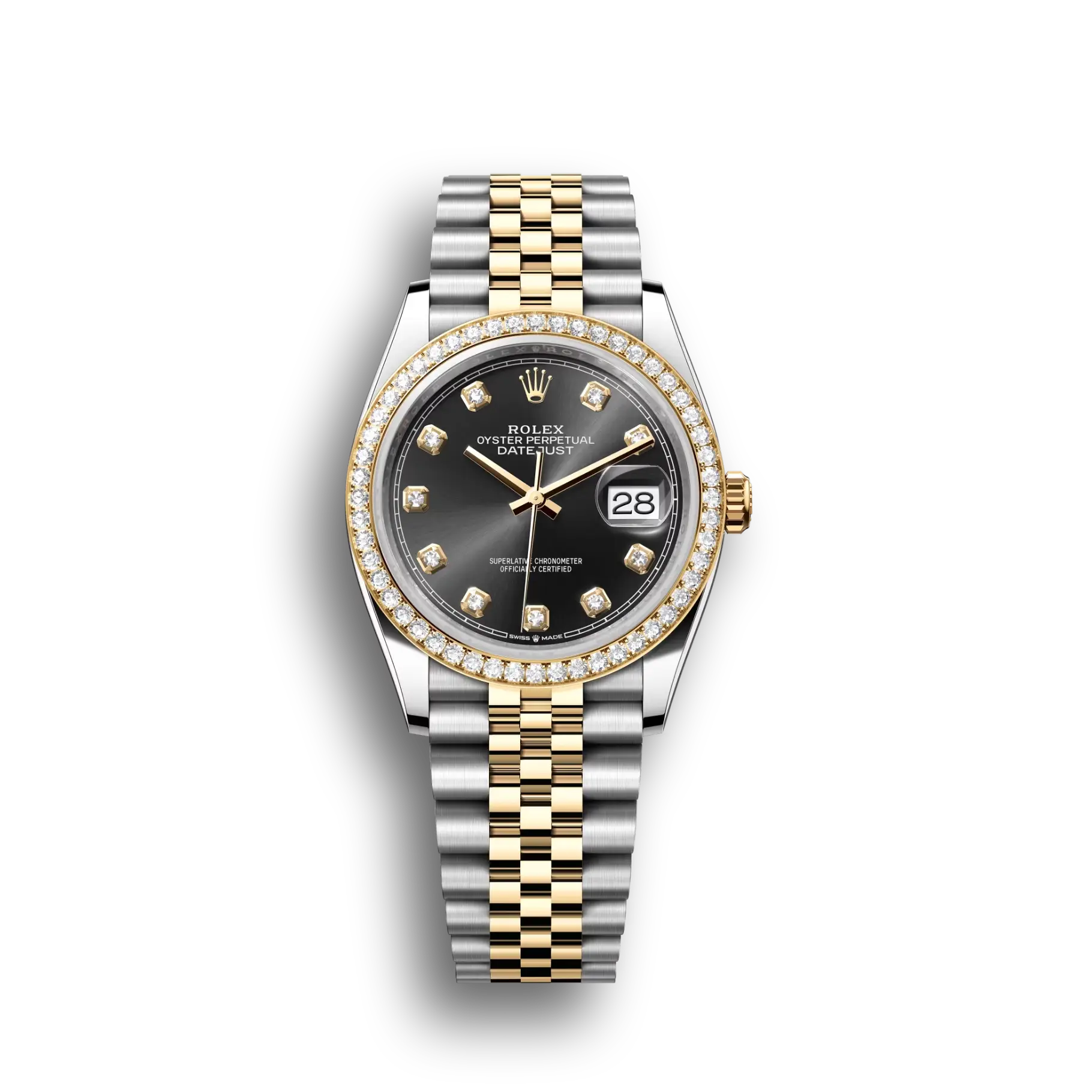 Datejust: Oystersteel and yellow gold, bright black, diamond-set, m126283rbr-0007