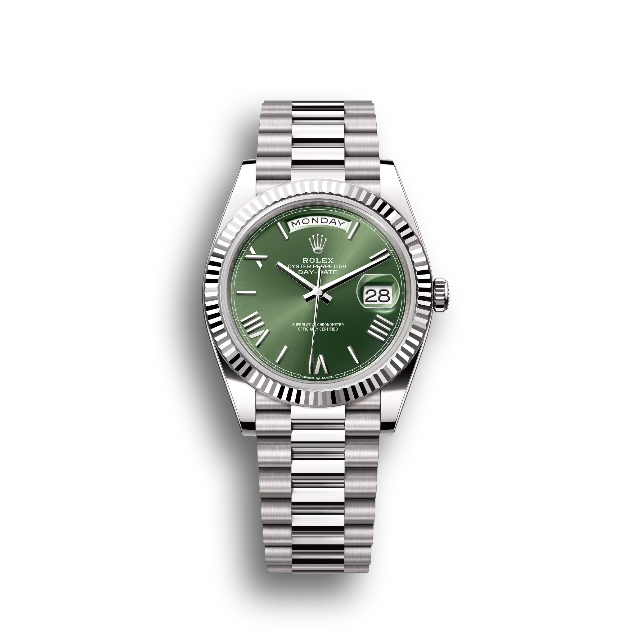 Day-Date: White gold, olive-green dial, fluted bezel, President bracelet, m228239-0033
