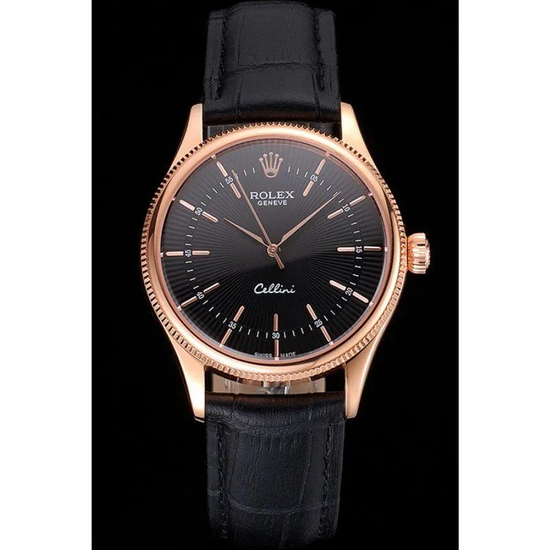Swiss Cellini Black Dial Rose Gold Markings Rose Gold Case Black Leather Strap