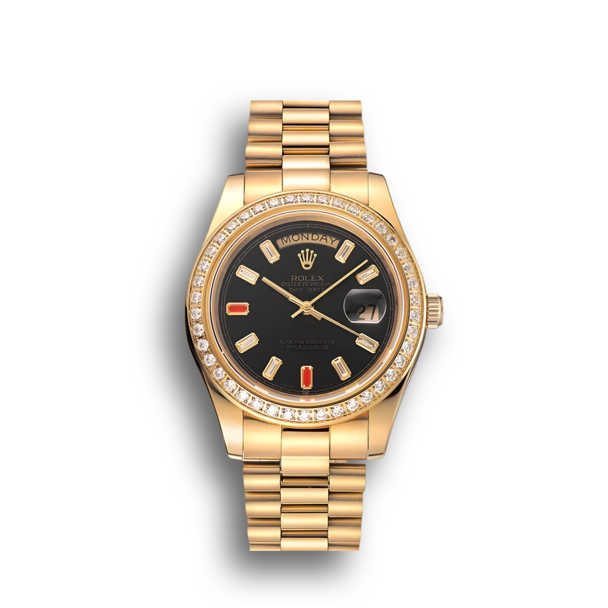 Swiss Day-Date Diamonds And Rubies Black Dial Yellow Gold Bracelet 1454101