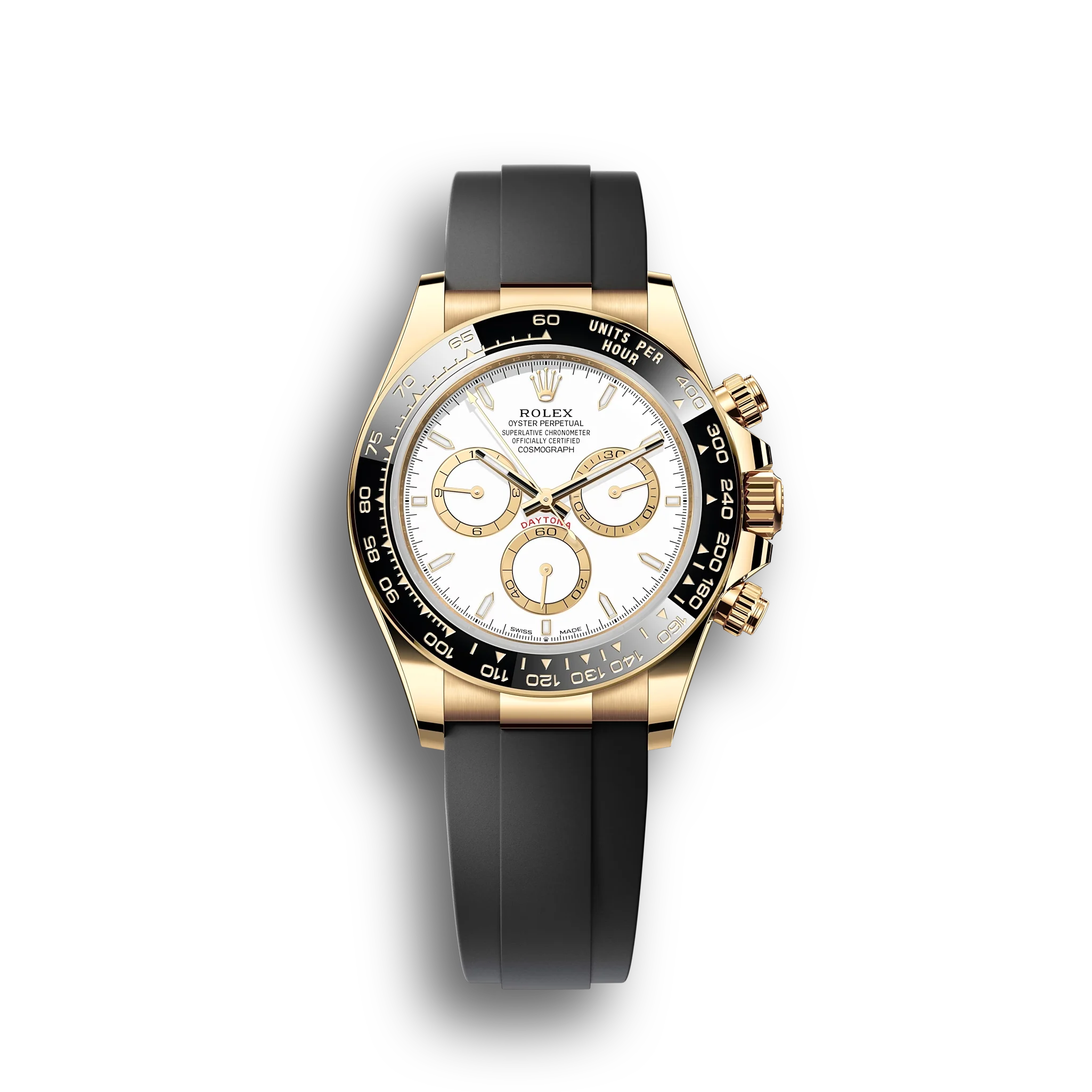 Daytona Cosmograph: Oyster, Yellow gold, white dial,Oysterflex bracelet, black Cerachrom bezel, tachymetric scale, m126518ln-0002