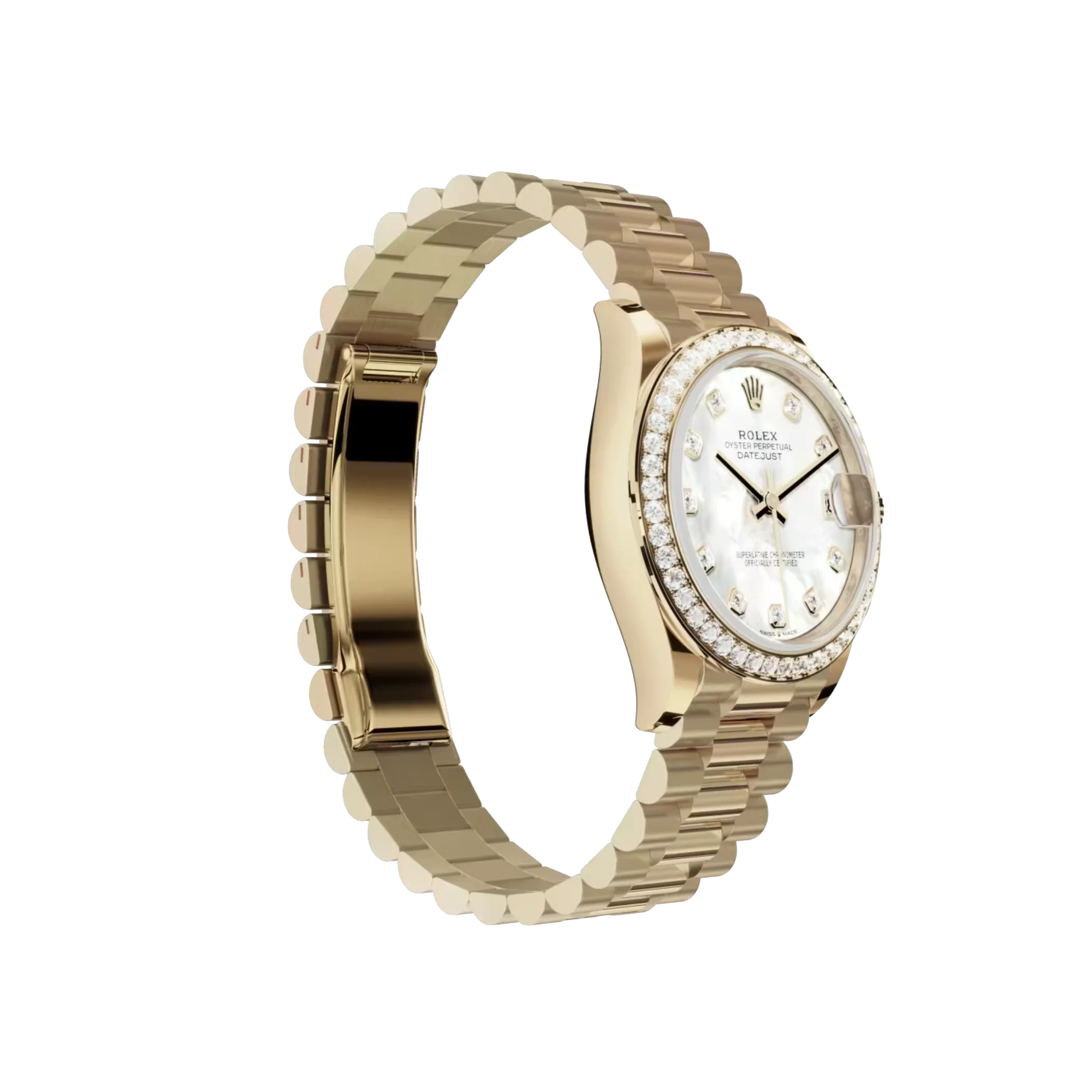 Datejust: Yellow gold, white mother-of-pearl, diamond-set dial, President bracelet, m278288rbr-0006