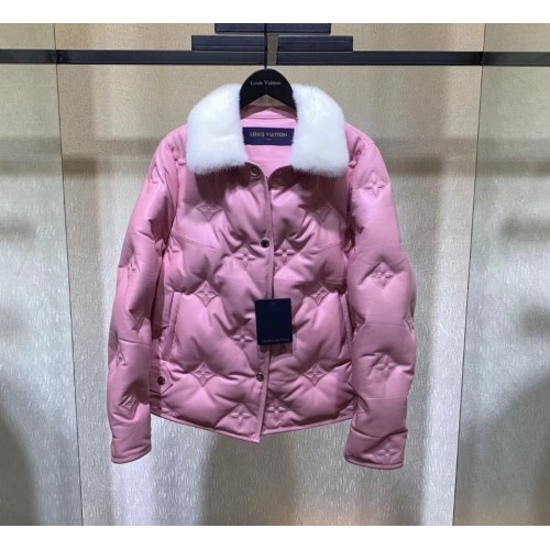louis vuitton pink down with fur collar