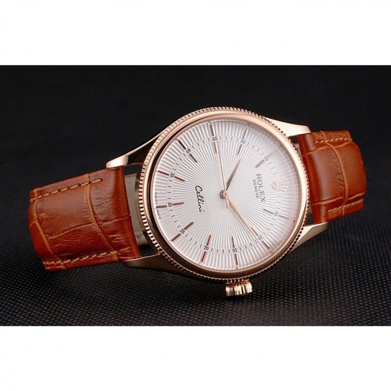 Swiss Cellini White Dial Rose Gold Case Brown Leather Strap
