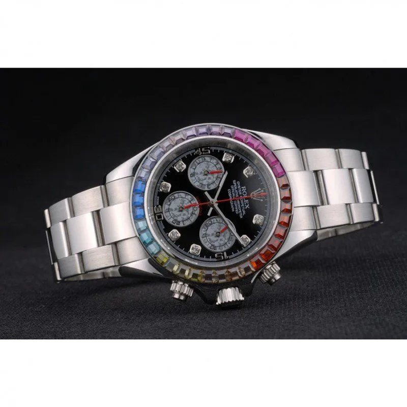 Daytona Cosmograph Rainbow Crystals Bezel Stainless Steep Strap Black Dial 80250
