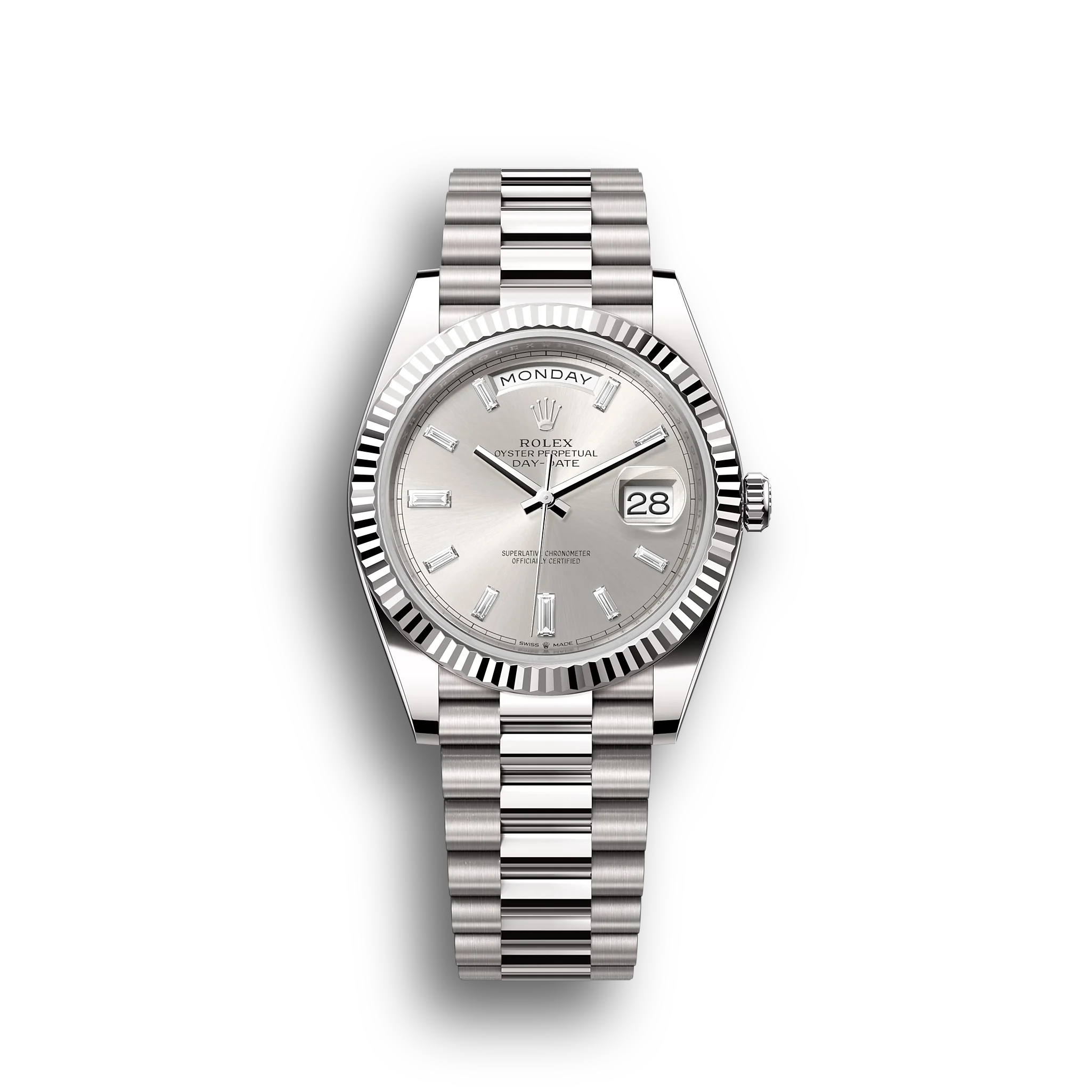 Day-Date: White gold, silver, diamond-set dial, fluted bezel, President bracelet, m228239-0003