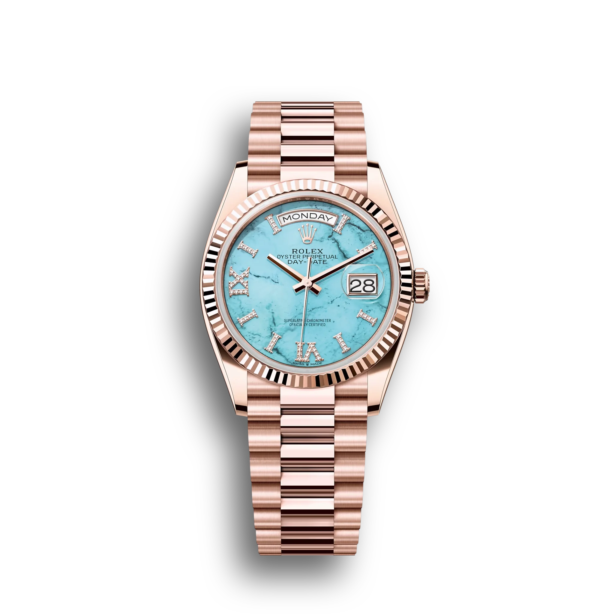 Day-Date: Everose gold, turquoise, diamond-set dial, President bracelet, m128235-0064