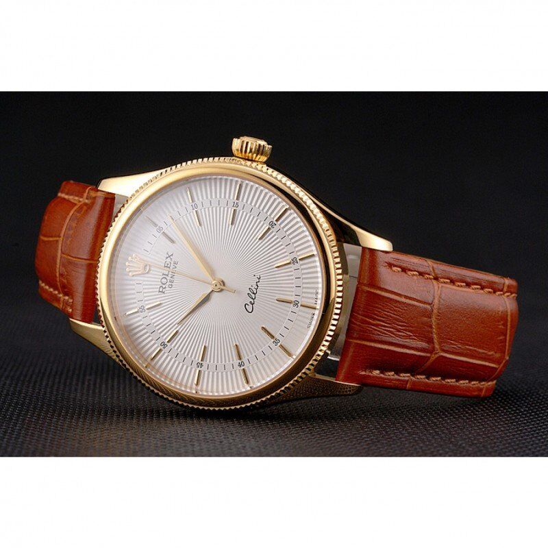 Swiss Cellini White Guilloche Dial Gold Case Light Brown Leather Strap