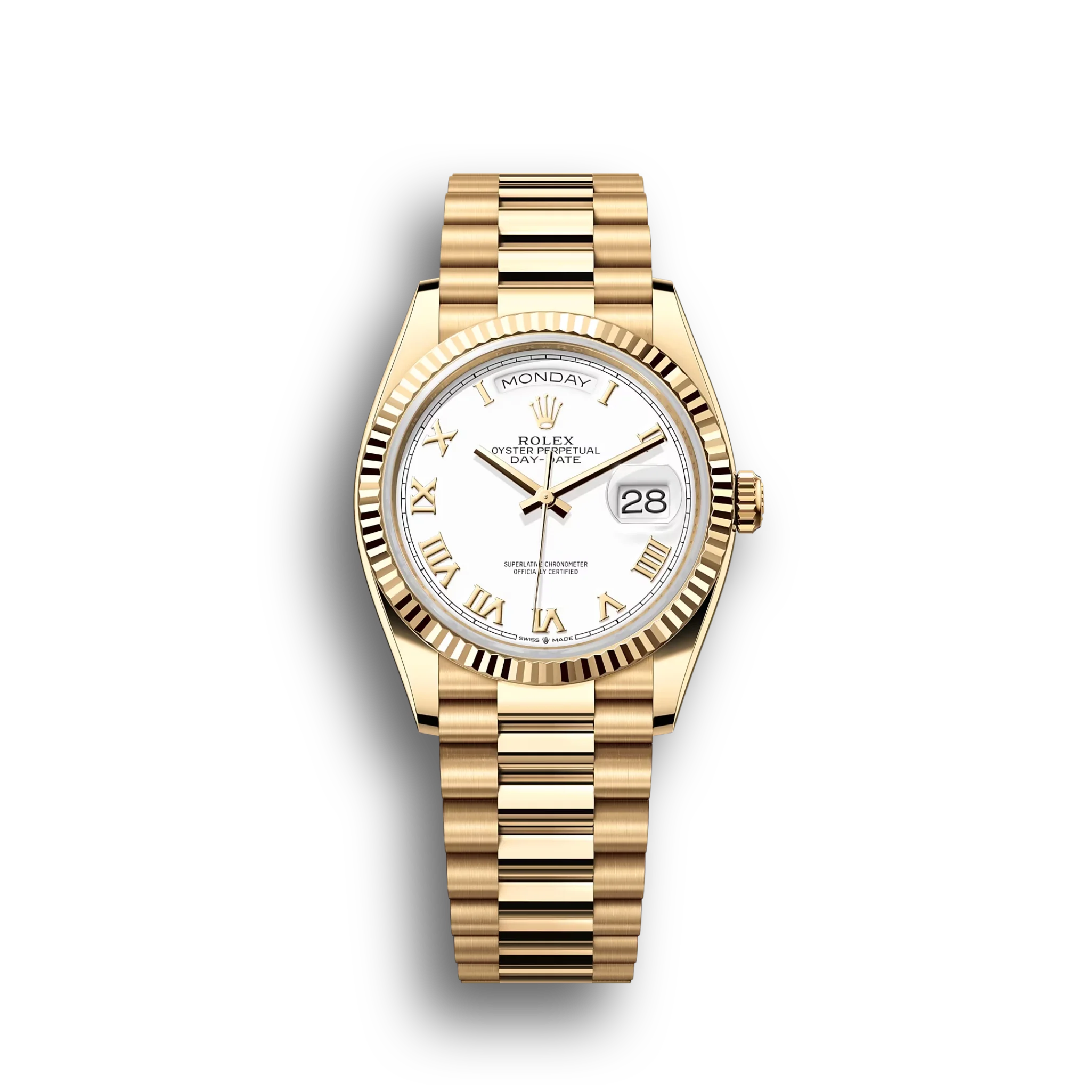 Day-Date: Yellow gold, white dial, fluted bezel, President bracelet, m128238-0076