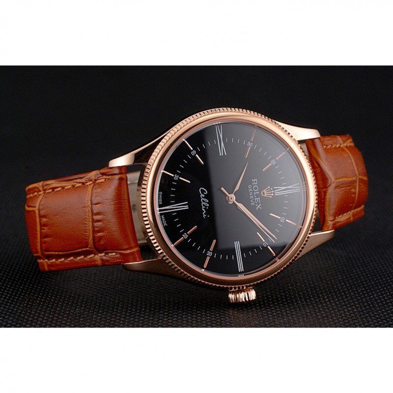 Swiss Cellini Black Dial Roman Numerals Rose Gold Case Light Brown Leather Strap