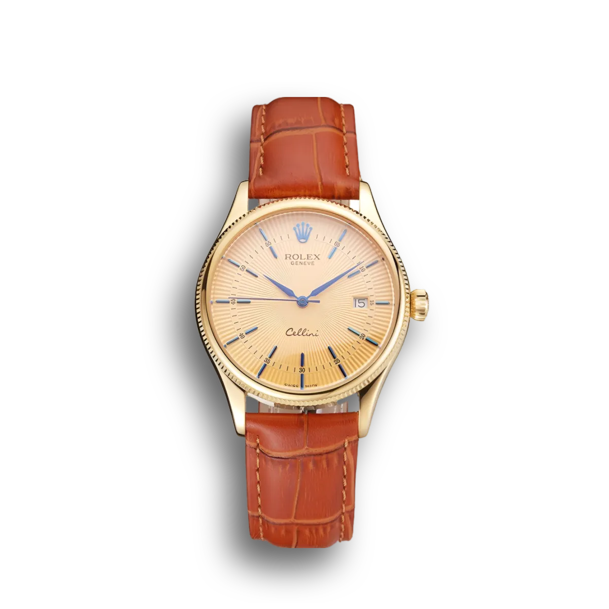 Swiss Cellini Date Gold Guilloche Dial Gold Case Light Brown Leather Strap