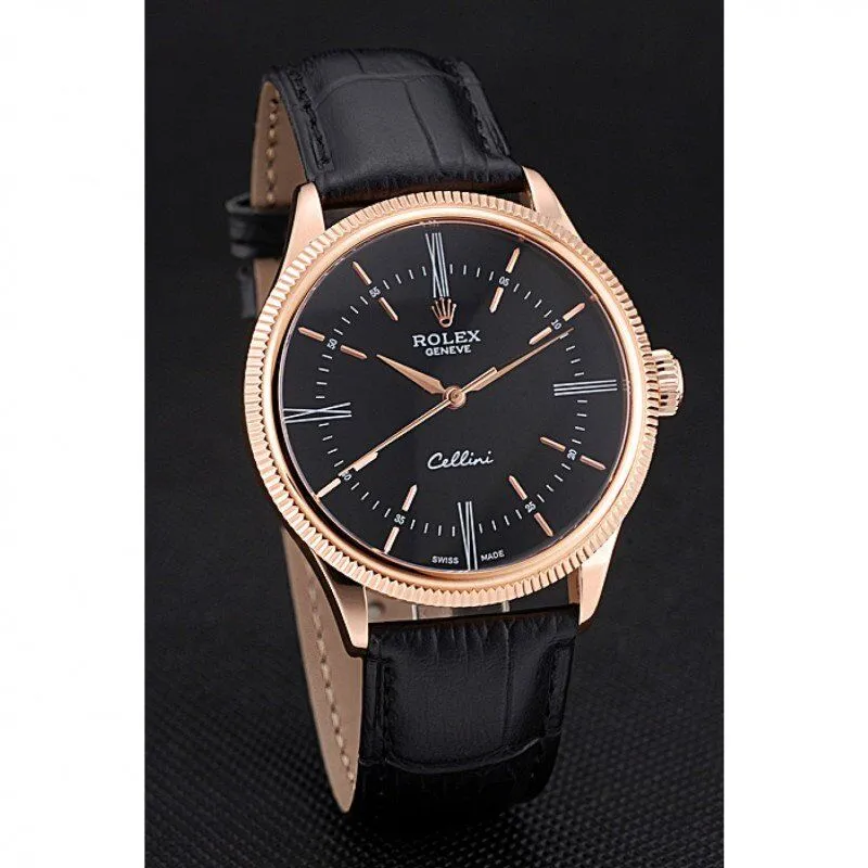 Swiss Cellini Time Rose Gold Case Black Dial Black Leather Bracelet 622656
