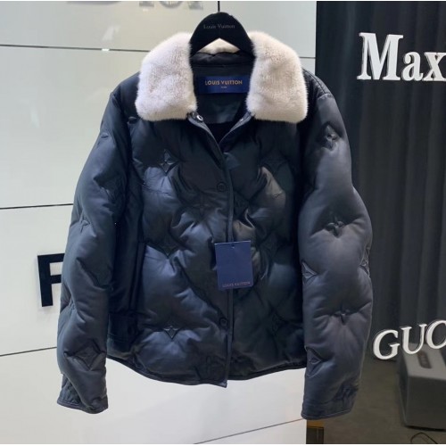 louis vuitton black down with fur collar