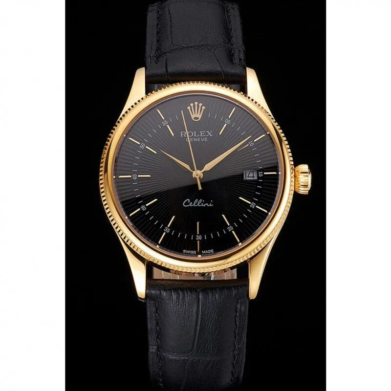 Cellini Date Black Dial Gold Case Black Leather Strap