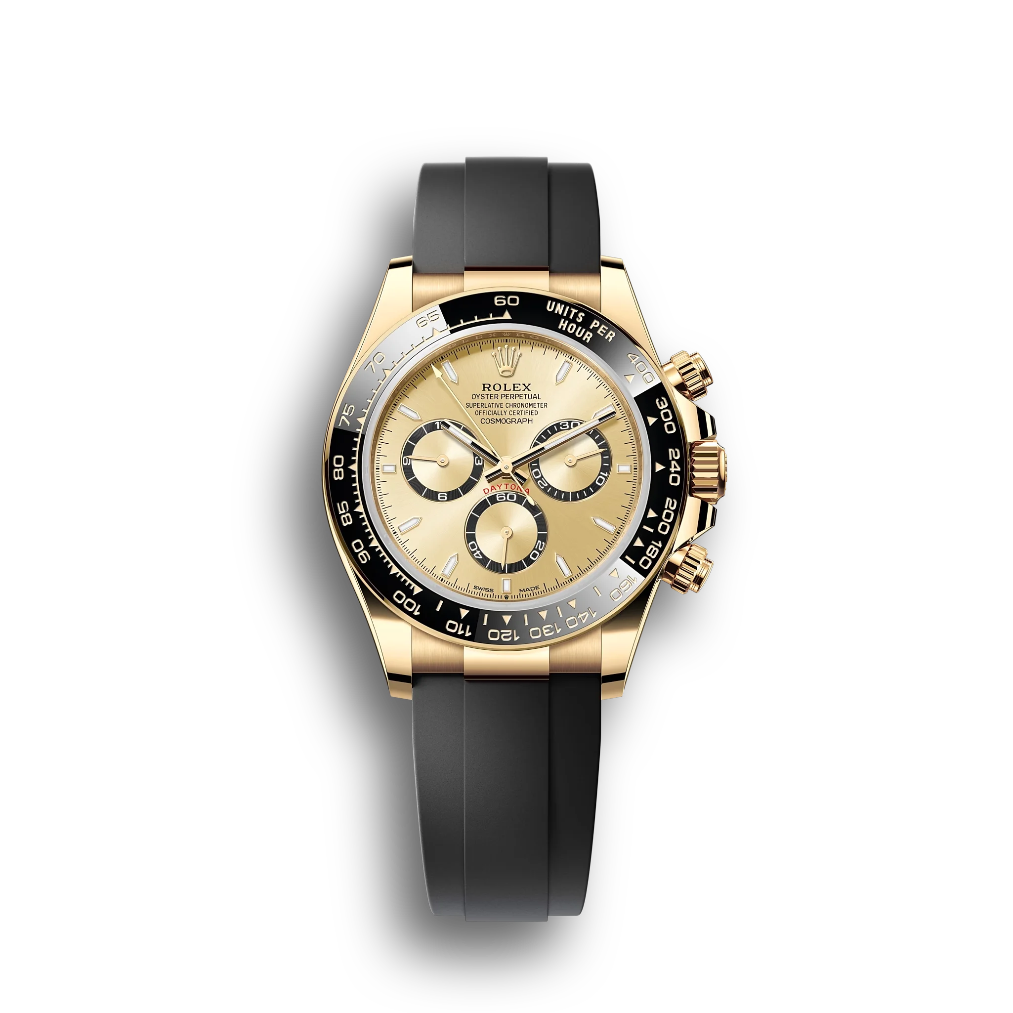 Daytona Cosmograph: Oyster, Yellow gold, golden dial,Oysterflex bracelet, black Cerachrom bezel, tachymetric scale, m126518ln-0010