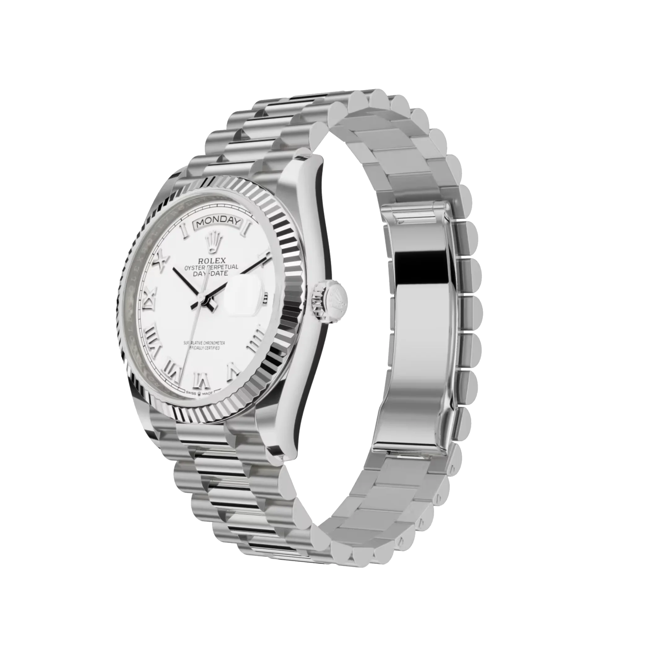 Day-Date: White gold, white dial, fluted bezel, President bracelet, m128239-0038