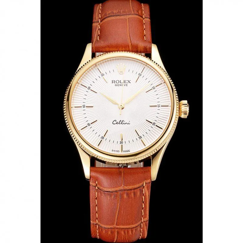 Swiss Cellini White Guilloche Dial Gold Case Light Brown Leather Strap