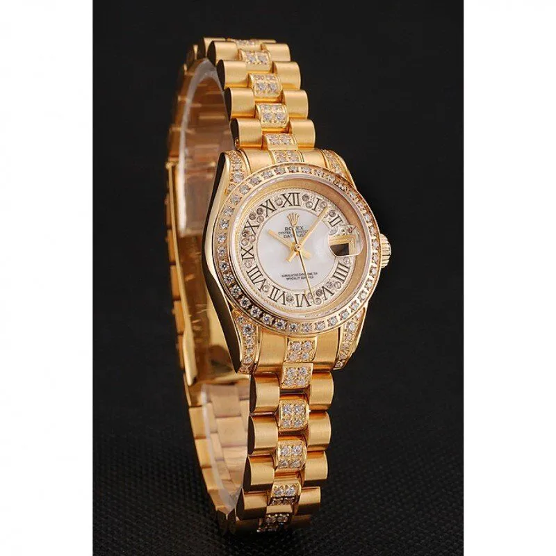 Swiss DayJust Diamond Pave White Dial Gold Diamond Bracelet 1453957