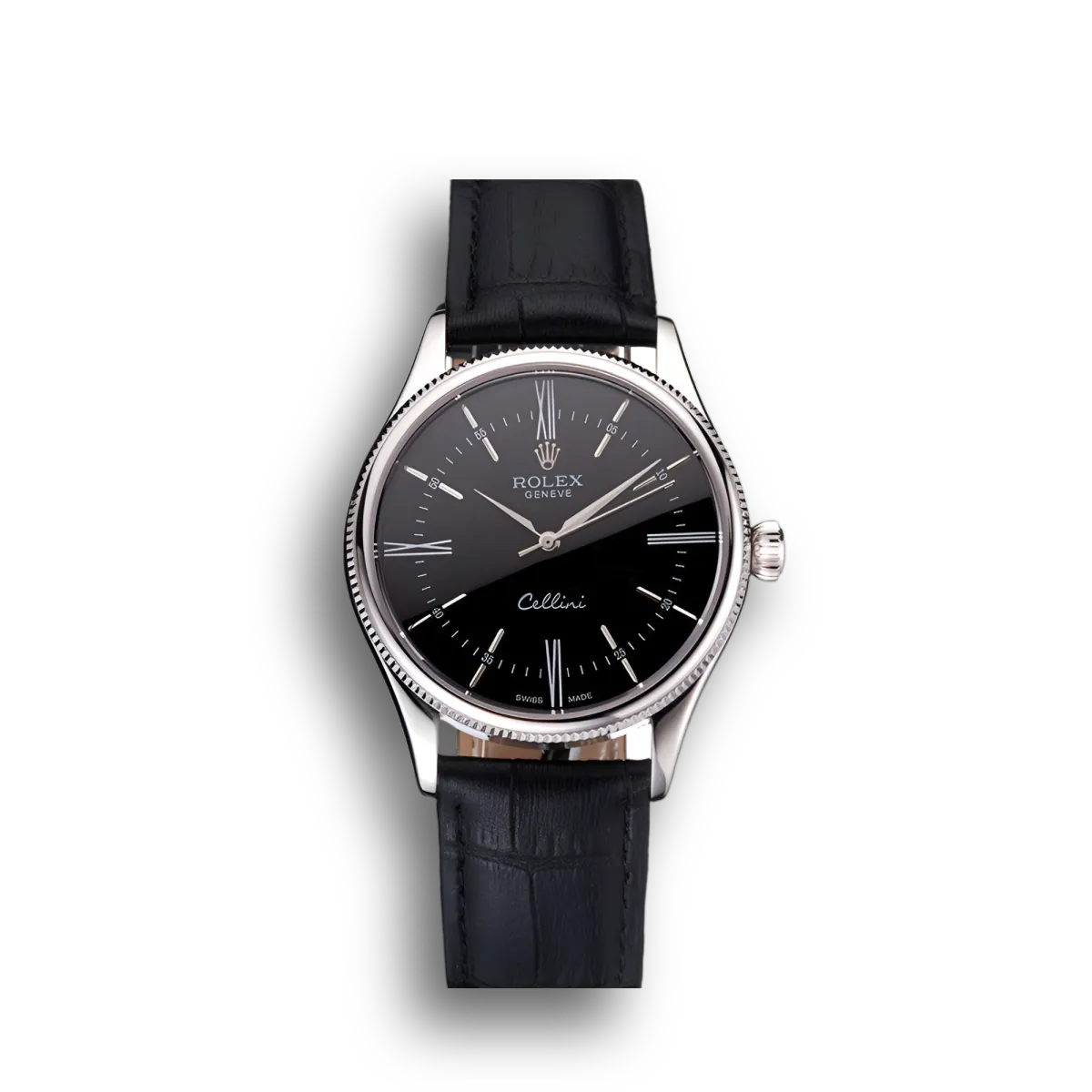 Swiss Cellini Black Dial Roman Numerals Stainless Steel Case Black Leather Strap