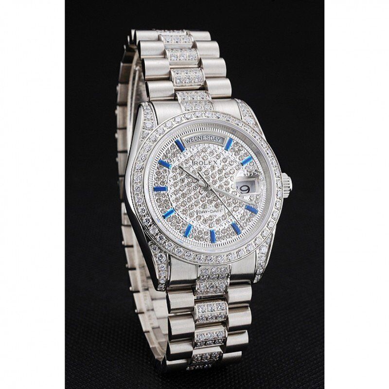 Swiss Day-Date Diamond Pave Dial And Bezel And Stainless Steel Bracelet