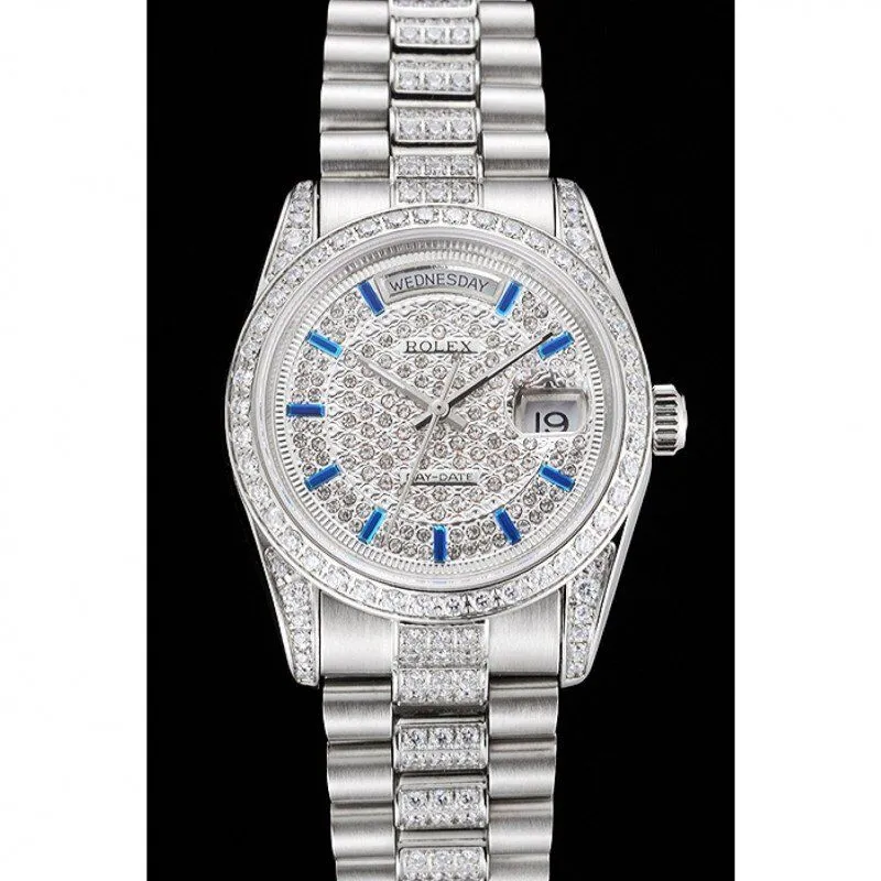Swiss Day-Date Diamond Pave Dial And Bezel And Stainless Steel Bracelet