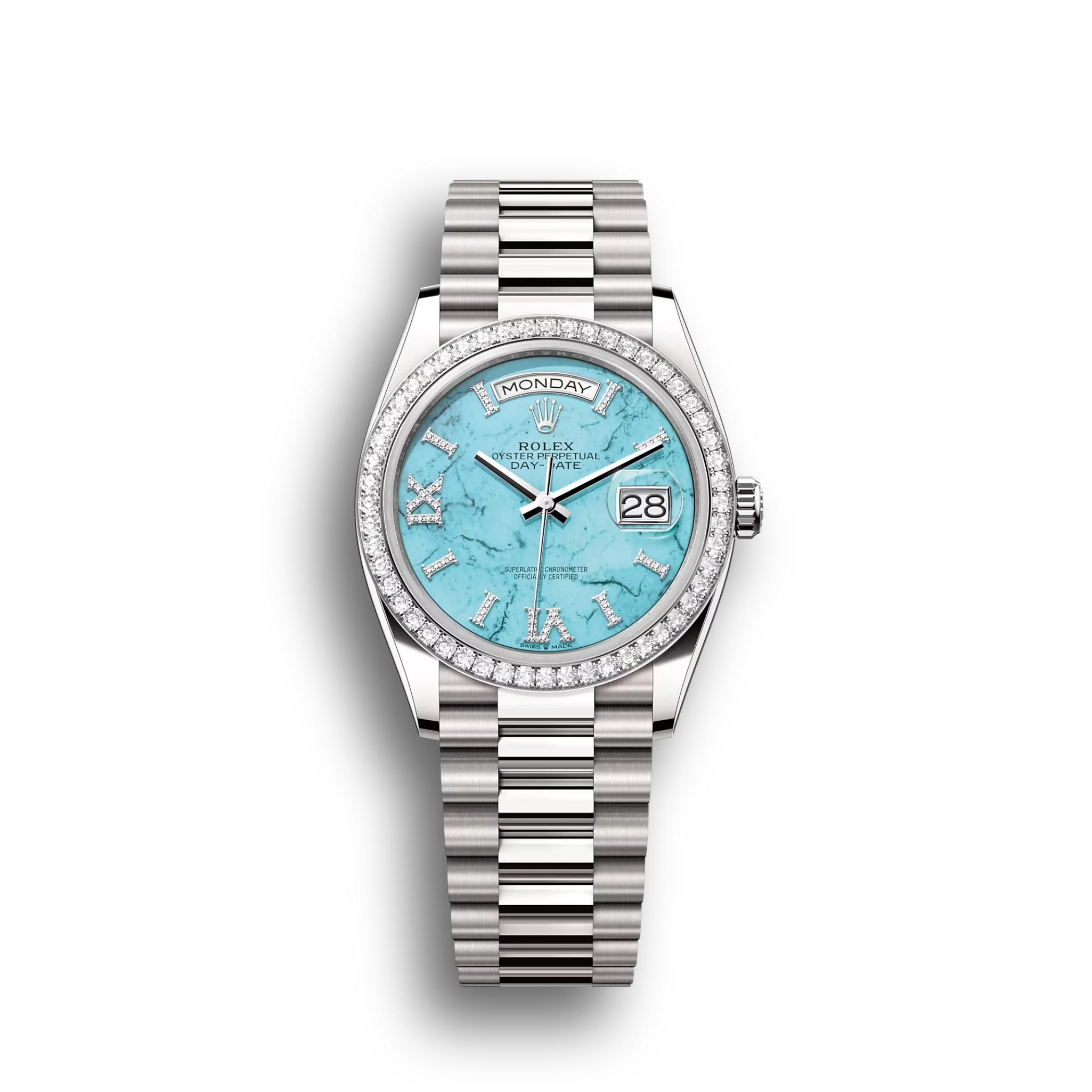 Day-Date: Turquoise, Diamond-set dial, Diamond-set bezel and a President bracelet, m128349rbr-0031