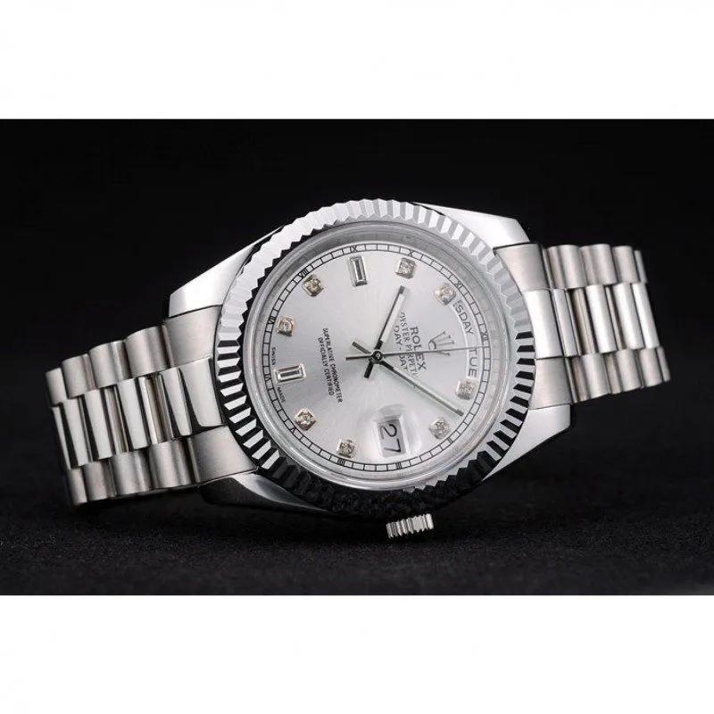 Swiss DayDate Stainless Steel Ribbed Bezel Silver Dial 41995