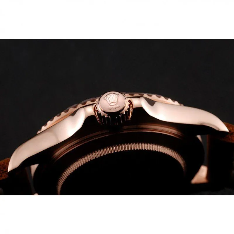Yacht-Master Black Dial Rose Gold Case Brown Leather Bracelet 1453861
