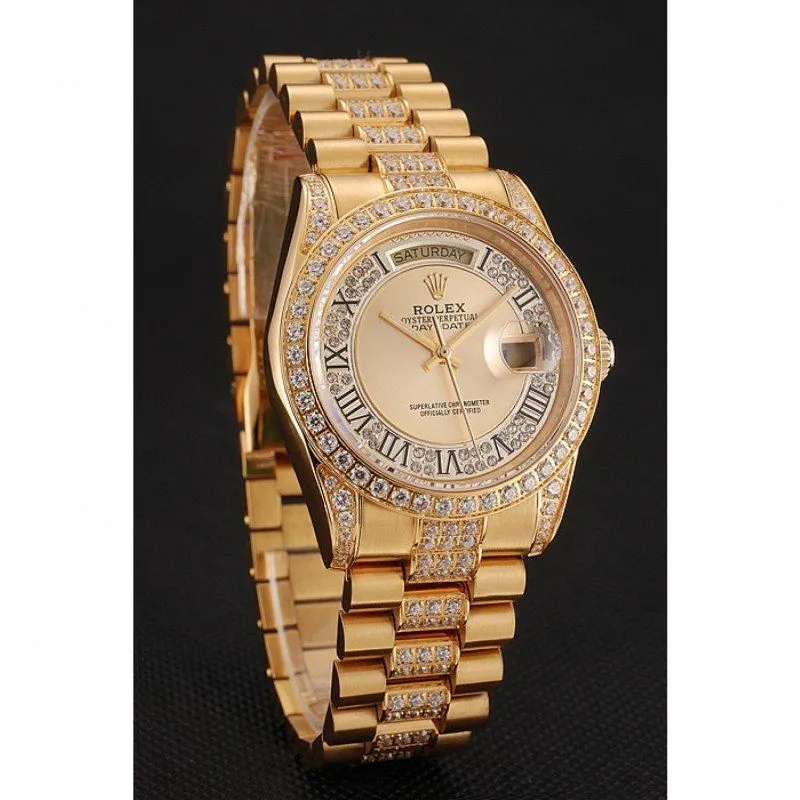 Swiss Day-Date Diamond Pave Gold Dial Gold Diamond Bracelet 1453954