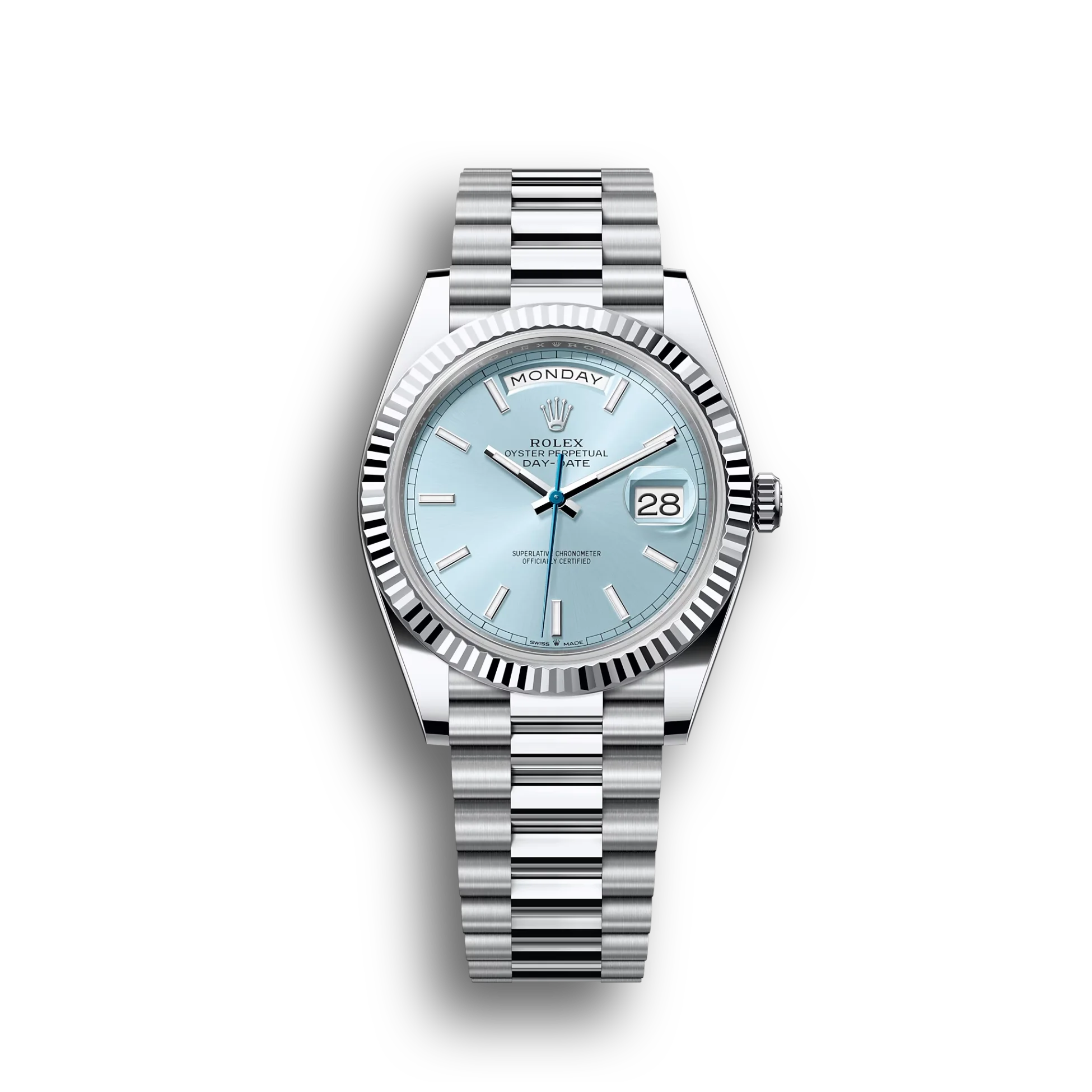 Day-Date: platinum, ice-blue dial, fluted bezel, President bracelet, m228236-0018