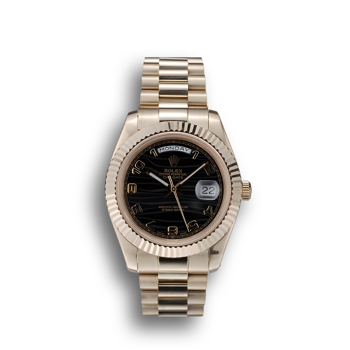 Swiss Day-Date Gold Stainless Steel Ribbed Bezel Black Dial 41998