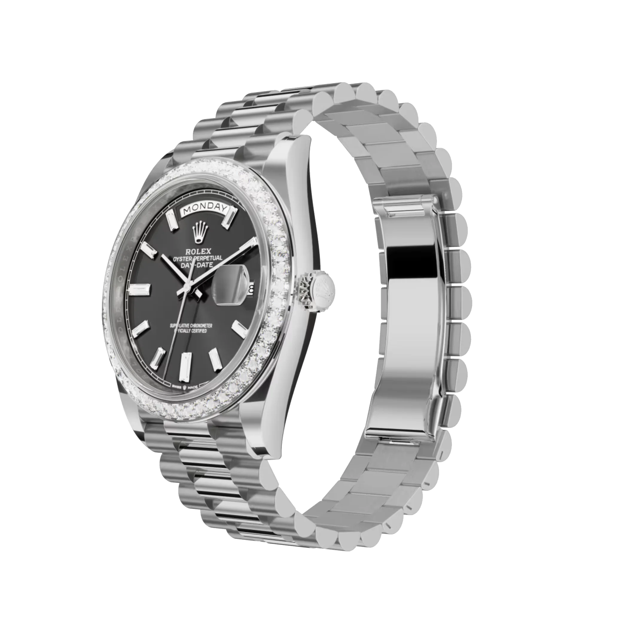 Day-Date: white gold, with a bright black, diamond-set dial, diamond-set bezel and a President bracelet, m228349rbr-0003