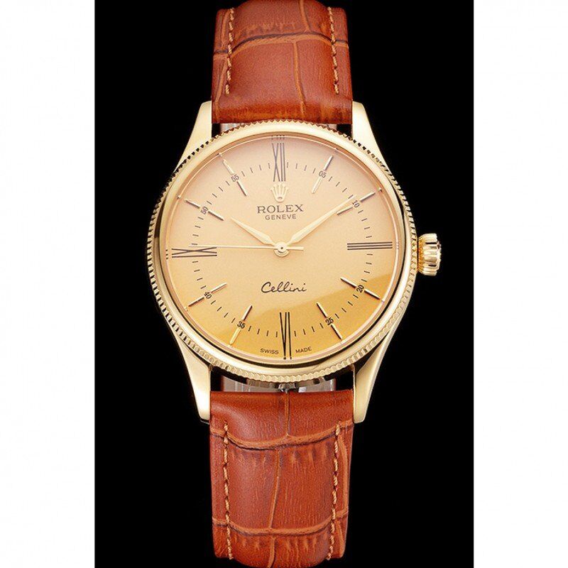 Swiss Cellini Gold Dial Roman Numerals Gold Case Light Brown Leather Strap