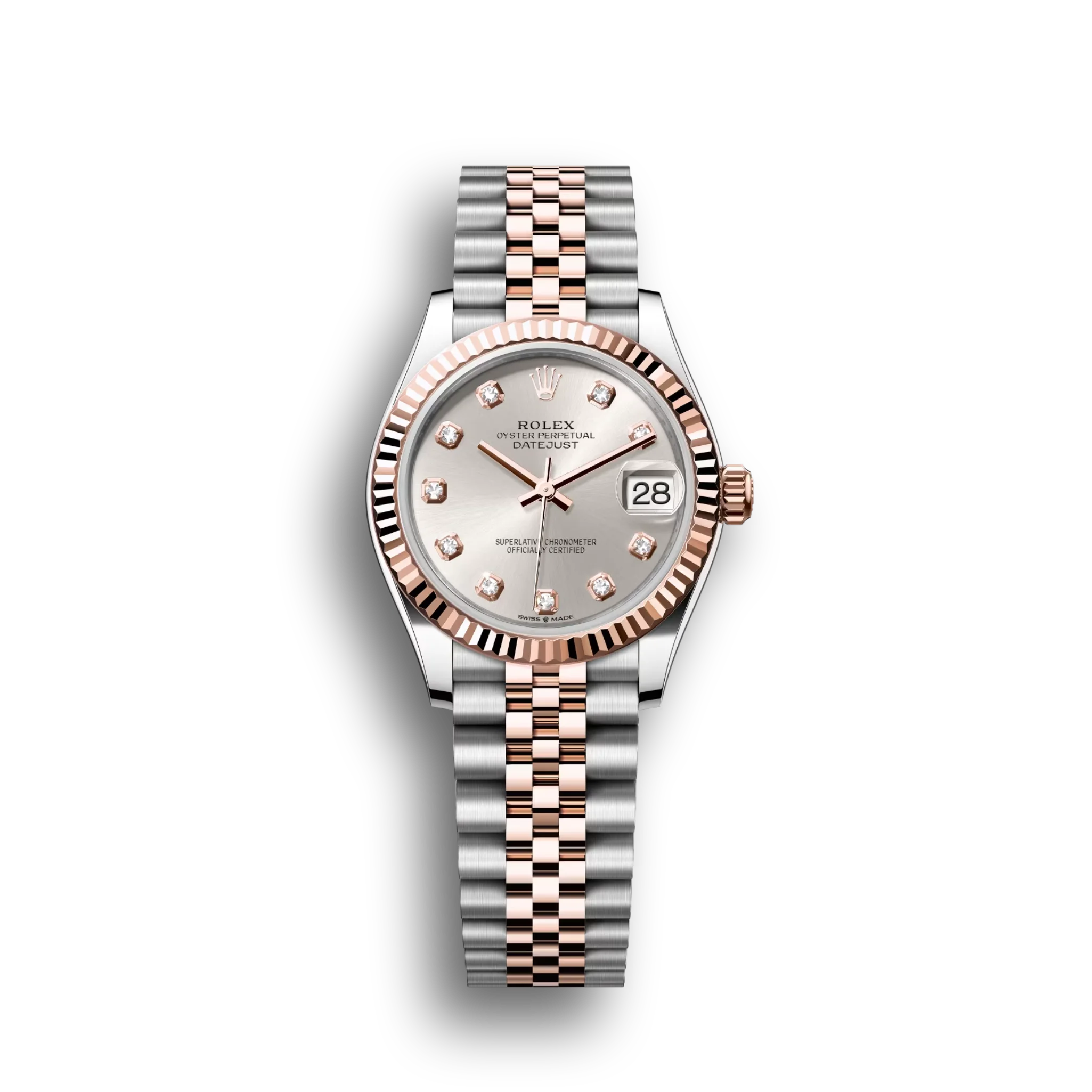 Datejust: Oystersteel and Everose gold, silver, diamond-set dial, Jubilee bracelet, m278271-0016