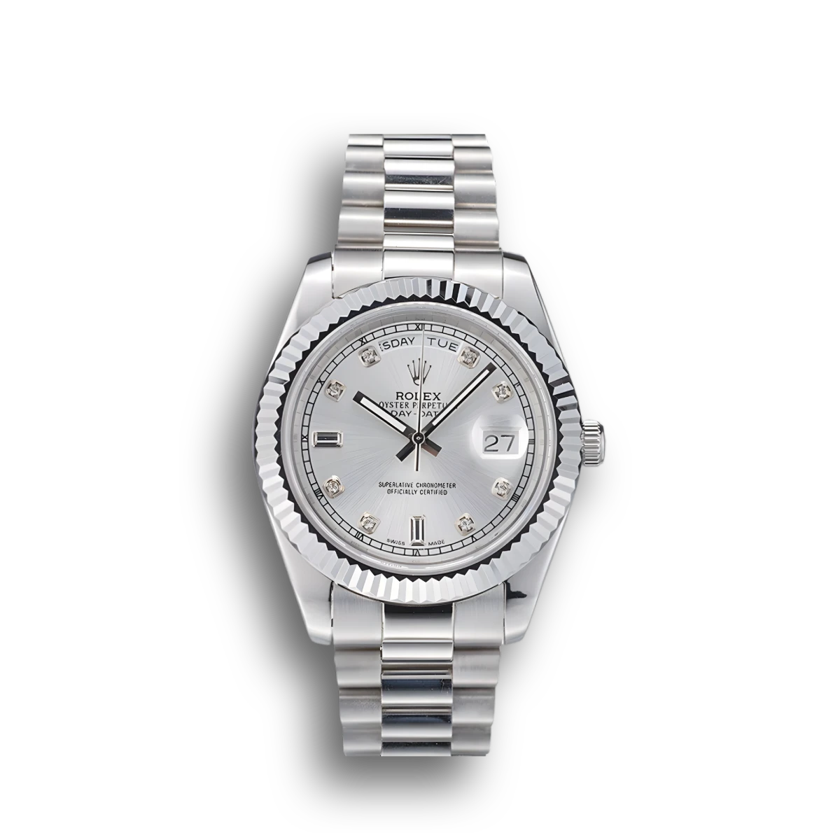 Swiss DayDate Stainless Steel Ribbed Bezel Silver Dial 41995