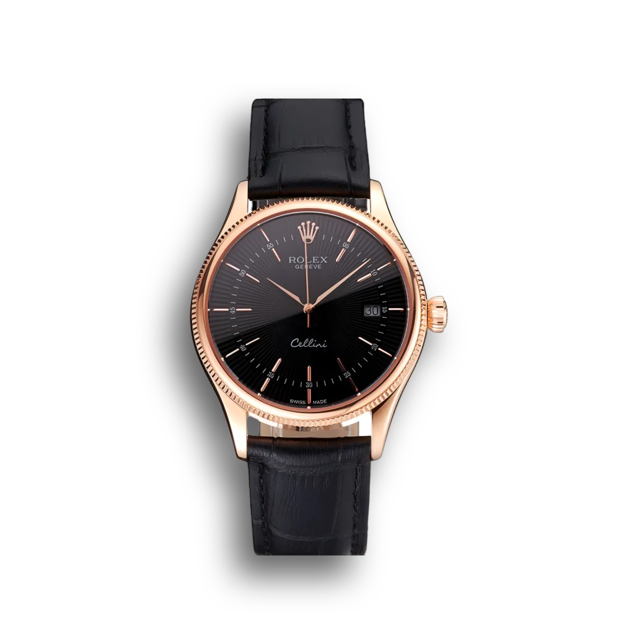 Swiss Cellini Date Black Dial Rose Gold Markings Rose Gold Case Black Leather Strap