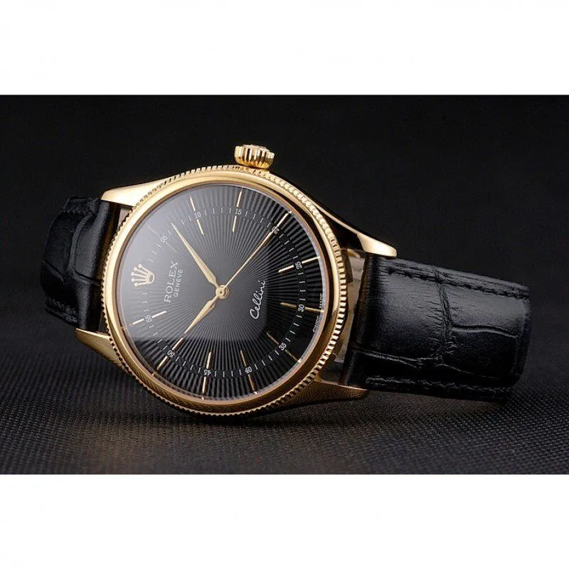 Swiss Cellini Black Dial Gold Markings Gold Case Black Leather Strap