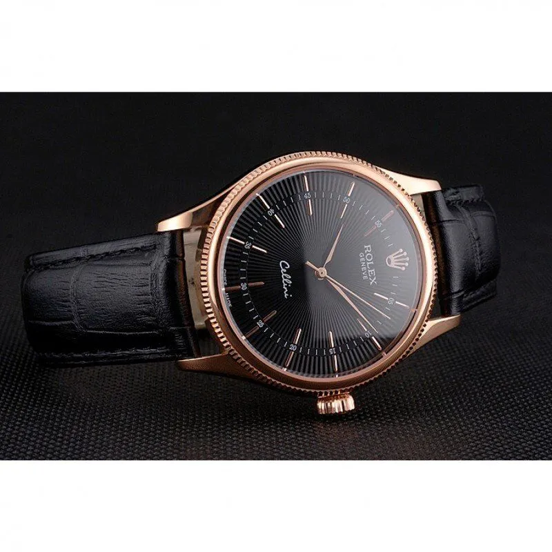 Swiss Cellini Black Dial Rose Gold Markings Rose Gold Case Black Leather Strap