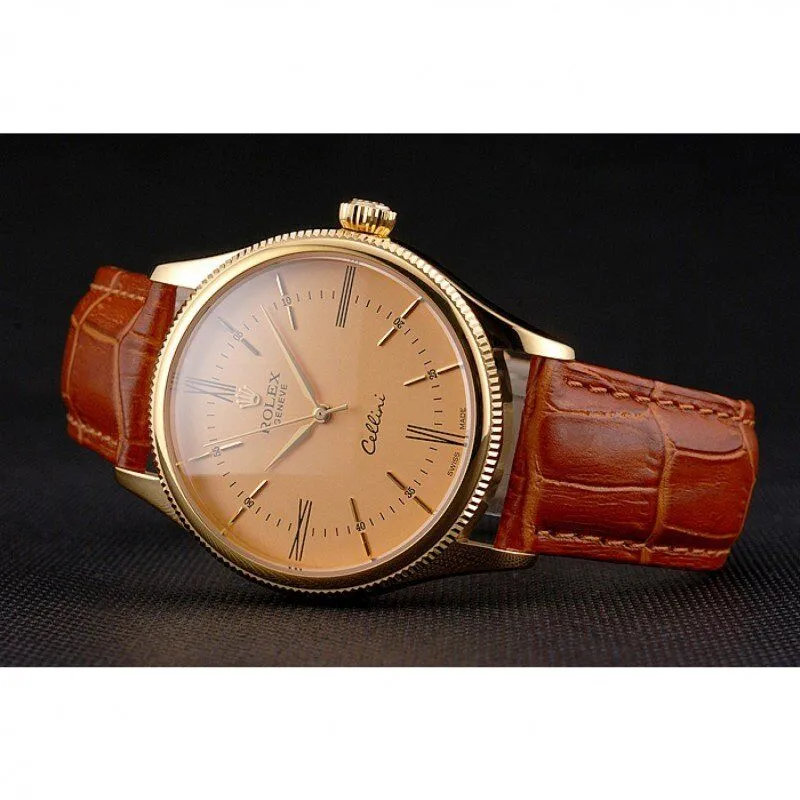 Swiss Cellini Gold Dial Roman Numerals Gold Case Light Brown Leather Strap
