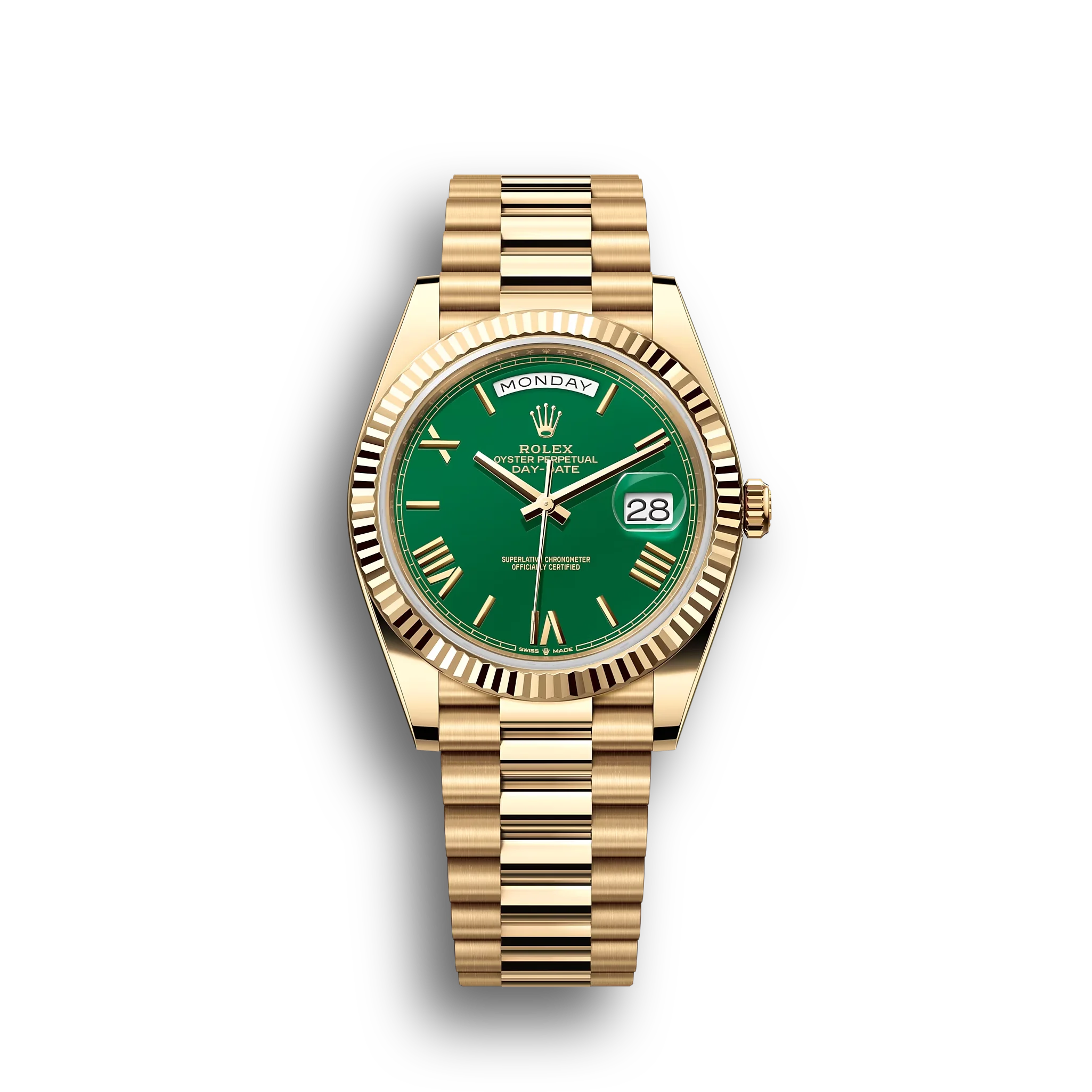 Day-Date: Yellow gold, green dial, fluted bezel, President bracelet, m228238-0061