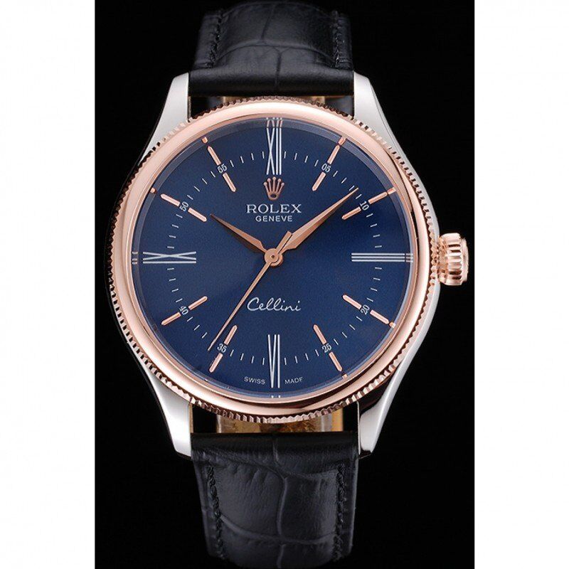 Cellini Blue Dial Gold Bezel Stainless Steel Case Black Leather Strap 622841