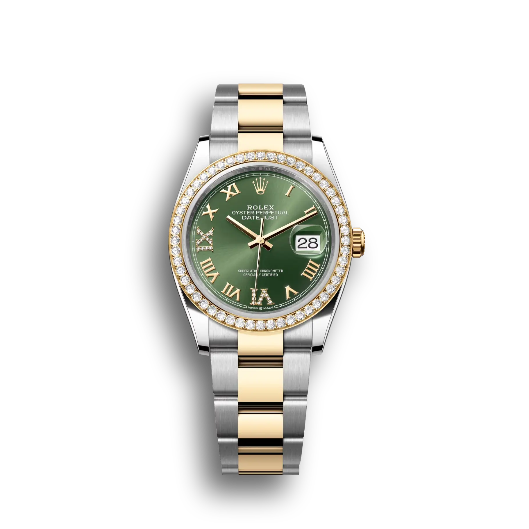 Datejust: Oystersteel and yellow gold, olive-green, diamond-set, m126283rbr-0012