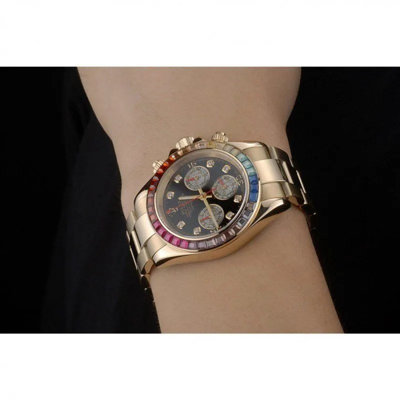 Daytona Cosmograph Rainbow Crystals Bezel Rose Gold Strap Black Dial 80251