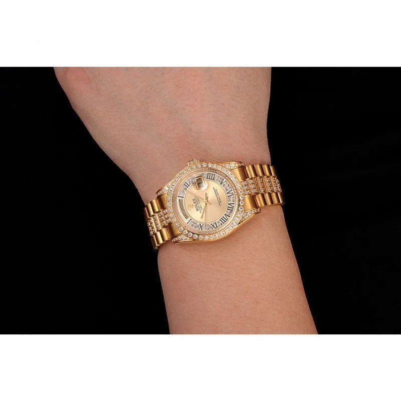 Swiss Day-Date Diamond Pave Gold Dial Gold Diamond Bracelet 1453954