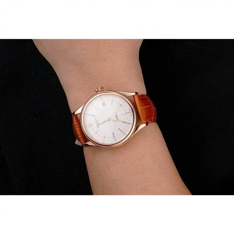 Swiss Cellini Date White Dial Rose Gold Case Brown Leather Strap