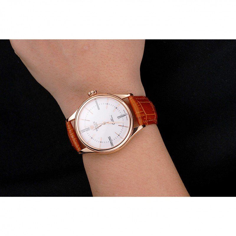 Swiss Cellini White Dial Roman Numerals Rose Gold Case Light Brown Leather Strap