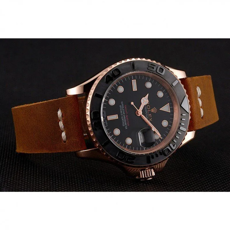 Yacht-Master Black Dial Rose Gold Case Brown Leather Bracelet 1453861