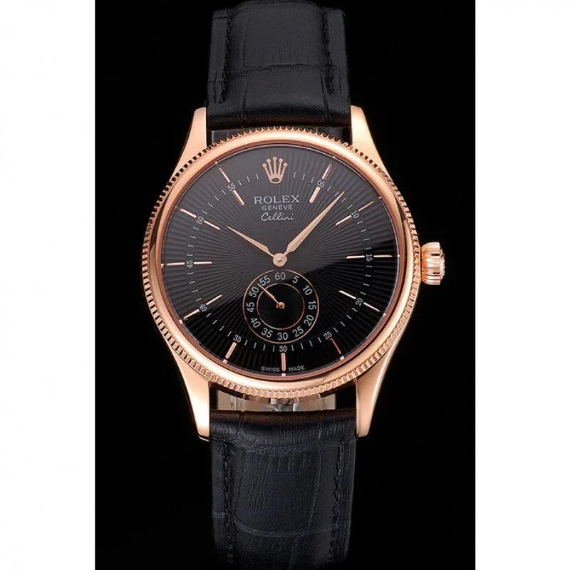 Swiss Cellini Black Dial Rose Gold Case Black Leather Strap