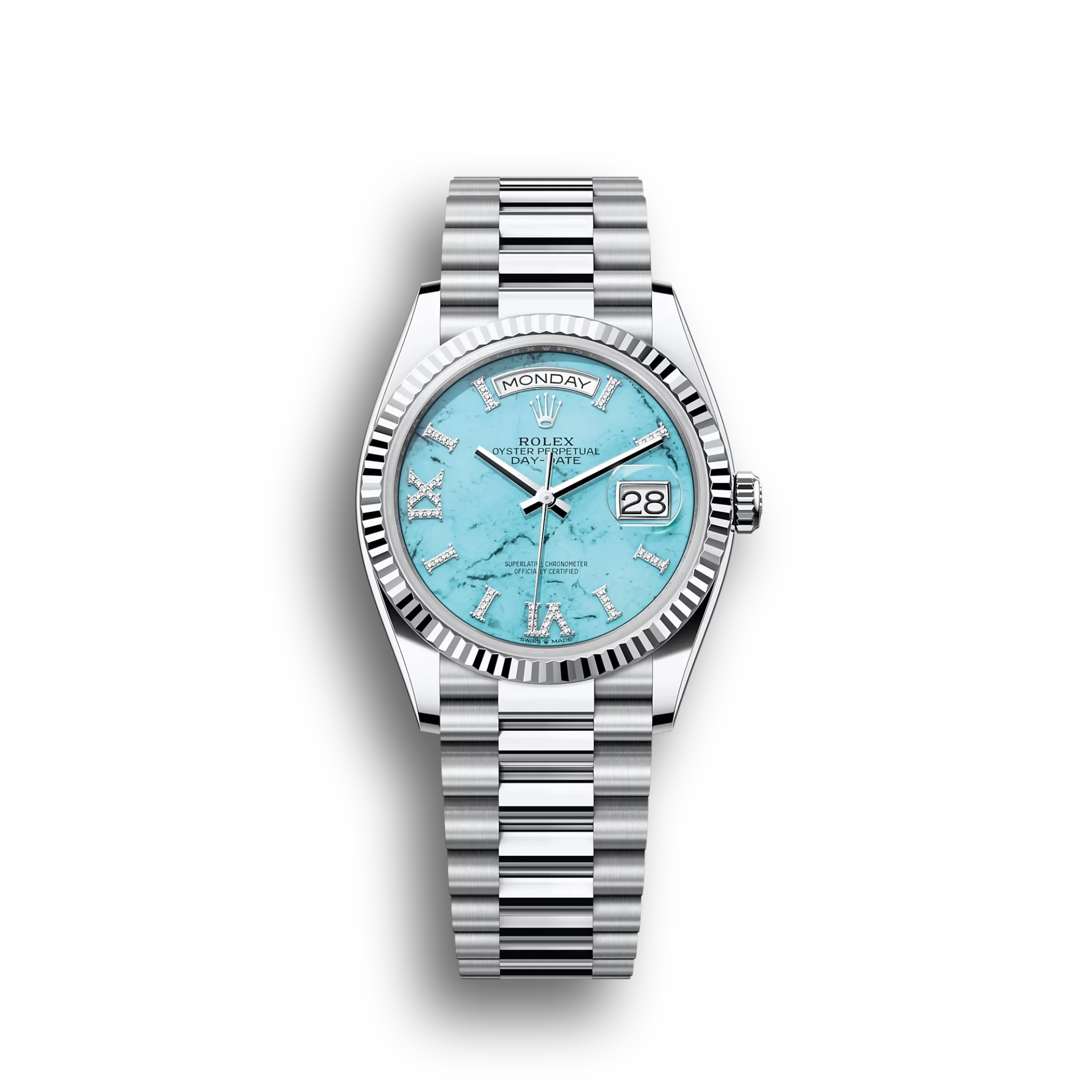 Day-Date: platinum, turquoise, diamond-set dial, fluted bezel, President bracelet, m128236-0011
