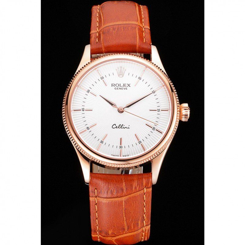 Swiss Cellini White Dial Rose Gold Case Brown Leather Strap